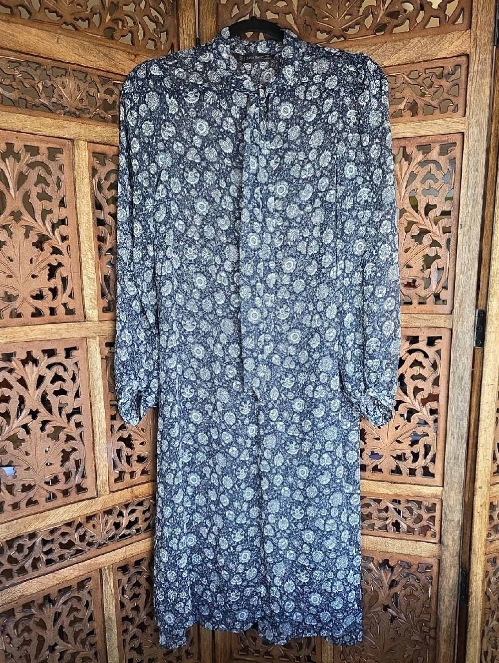 Zara Sheer Women's Navy Blue Floral Button-Front Dress